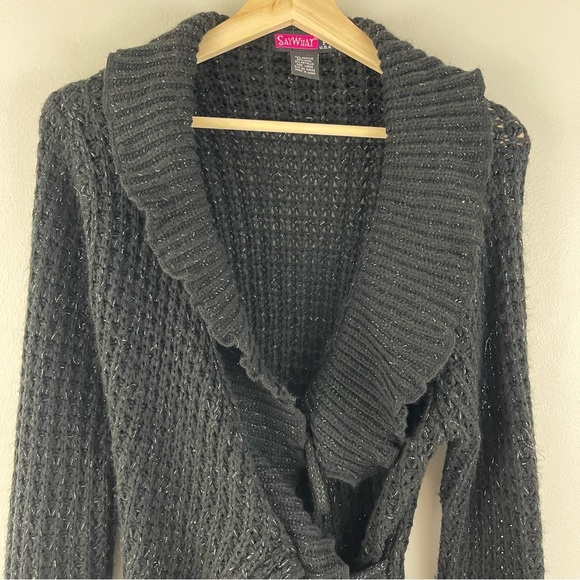 SAY WHAT? Vintage Y2K 2000 Black Crochet Knit Asymmetrical Hem Cardigan Sweater - Picture 3 of 14